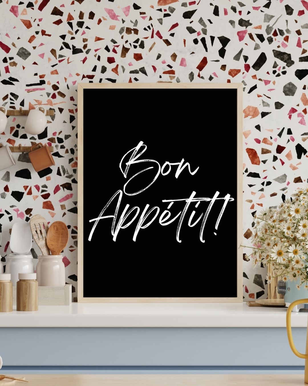 Bon Appetit! Black and White Monochrome Minimalist Kitchen Print
