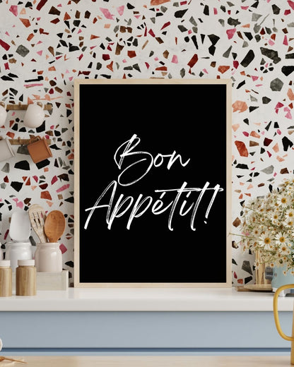 Bon Appetit! Black and White Monochrome Minimalist Kitchen Print